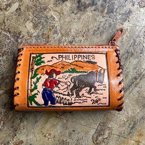 Monedero de cuero filipino vintage, monedero con puntadas de látigo, monedero para cambio