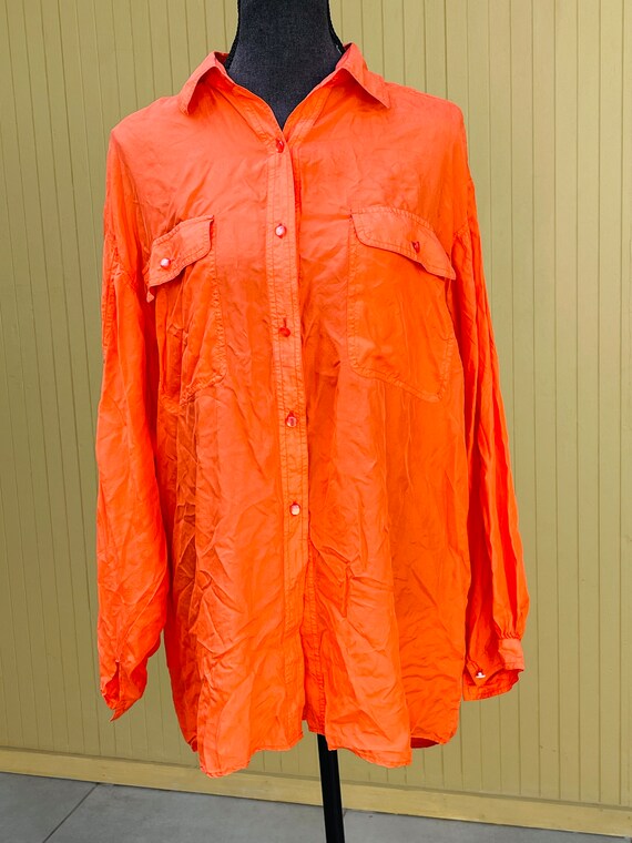 Silk Orange Oversized Button Up Vintage Blouse - image 3