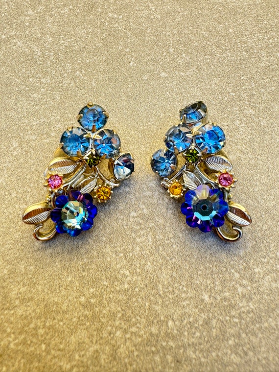Blue AB Rhinestone Flower Earrings Vintage Clip On