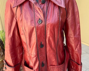 70s Oxblood Leather Long Belted Vintage Jacket Woven Collar