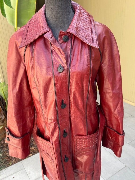 70s Oxblood Leather Long Belted Vintage Jacket Wo… - image 5