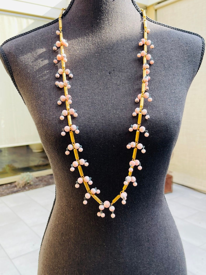 60s Gold Cylinder Pink Glass Ball Beaded Link Vintage Necklace Convertible Belt image 1