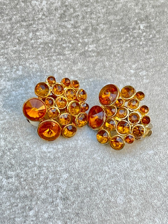Orange Rhinestone Vintage Clip On Earrings