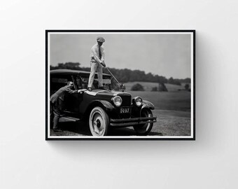 Funny Golfer Teeing on Classic Car, Retro Sports Bar Art Print