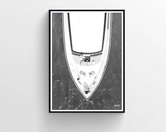 Black and White Yacht Print, Vintage Boat Art, Summer Sailing Poster