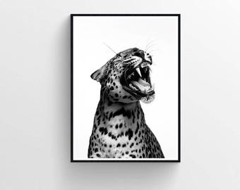 Svartvitt leopardmönster, vintage väggkonst (digital nedladdning)