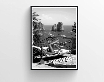 Girl Sunbathing Poster, Trendy Wall Art, Girl Room Decor, Photography Prints, Black and White, Vintage Aesthetic Bikini Poster