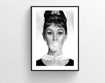 Audrey Hepburn Bubblegum Print, Vintage Hollywood Wall Art (Digital Download)