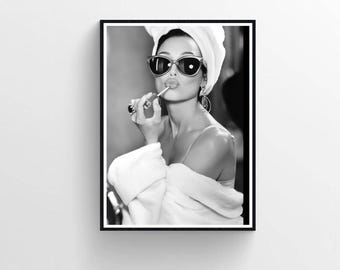 Audrey Hepburn Lipstick Poster, Iconic Movie Print, Black and White (Digital Download)