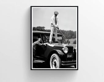 Golfer Teeing on Classic Car, Funny Retro Art Print