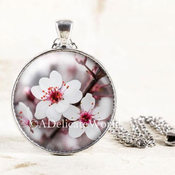Cherry Blossom Necklace, Cottage Chic Jewelry, White Floral Pendant, Shabby Style Wedding, Spring Flower Photography, Nature Gift