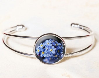 Forget Me Not Cuff Bracelet with Blue Flowers, Grief and Mourning Jewelry for Remembrance, Bereavement Gift for Widows