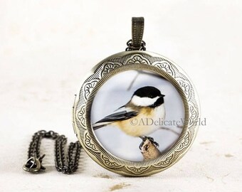 Chickadee Jewelry Locket, Keepsake Pendant, Songbird Gift for Birdwatcher, Winter Bird Necklace, Nature Photography