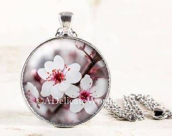 Cherry Blossom Necklace, Cottage Chic Jewelry, White Floral Pendant, Shabby Style Wedding, Spring Flower Photography, Nature Gift