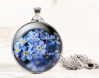 Forget Me Not Jewelry Pendant in Silver or Bronze, Mourning Necklace with Blue Flowers, Grief Gift for Remembrance