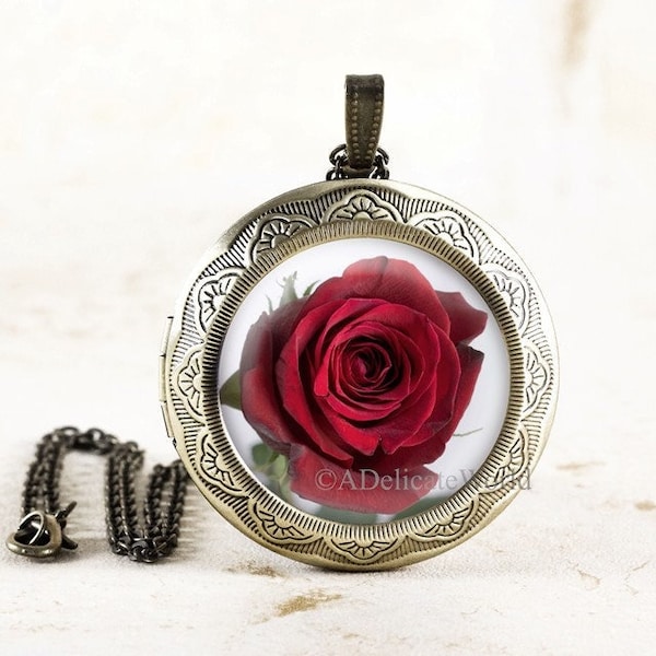 Red Rose Locket Necklace in Silver or Bronze with Flower Photo under Glass