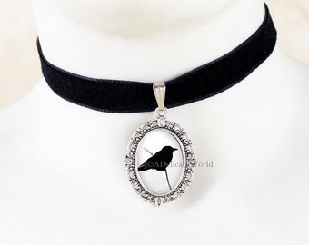 Raven Crow Choker Collar, Black Gothic Choker, Gothic Raven Choker, Black Crow Jewelry Choker, Raven Jewelry, Velvet Choker, Bird Jewelry