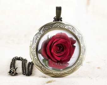 Red Rose Locket Necklace in Silver or Bronze with Flower Photo under Glass