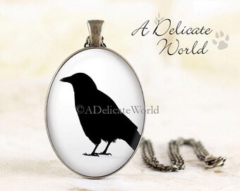 Crow Silhouette Necklace - Black Crow Jewelry, Gothic Crow Necklace Pendant, Bird Silhouette Jewelry, Crow Pendant, Bronze Bird Necklace