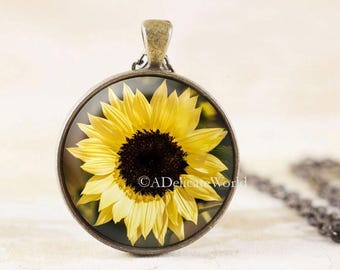 Sunflower Necklace Pendant, Get Well Gift for Friend, Yellow Sun Flower Jewelry, Nature Photography, Summer Boho Accessory for Her