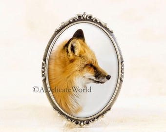 Red Fox Jewelry Brooch with Wildlife Photo under Glass, Bronze or Silver Animal Pin, Fox Gift