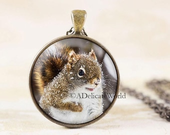Snowy Squirrel Necklace, Winter Animal Jewelry Pendant, Nature Gift for Her, Wildlife Photography, Unique Accessory for Women