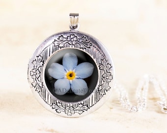 Forget Me Not Locket, Single Flower Pendant with Photo under Glass, Mourning Jewelry, Grief Necklace, Widow Gift for Bereavement