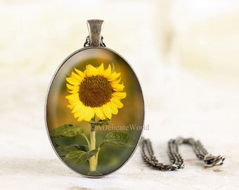 Sunflower Necklace, Flower Jewelry with Original Nature Photography under Glass, Silver or Bronze Pendant, Gift Idea