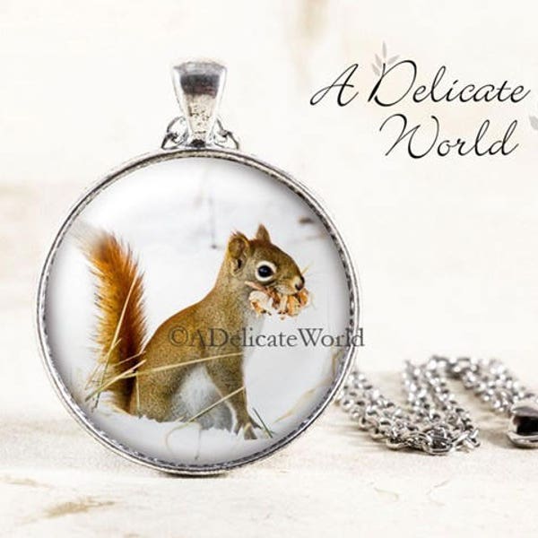 Squirrel Necklace - Silver Squirrel Pendant, Red Squirrel Jewelry, Winter Wildlife Photography, Woodland Animal Necklace, Squirrel in Snow