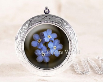 Forget Me Not Locket Silver, Widow Gift for Loss of a Loved One, Memorial Jewelry Necklace, Victorian Keepsake Locket, Forget-Me-Not Pendant