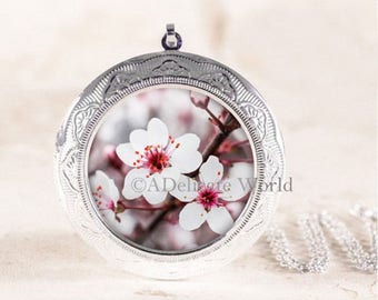Cherry Blossom Keepsake Locket, Spring Flower Accessory, Shabby Style Jewelry, Pink and White Floral Pendant