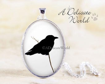 Crow Necklace, Gothic Jewellery Pendant, Black Bird Silhouette, Gothic Gifts, Crow Jewelry, Raven Necklace Pendant, Black and White Necklace