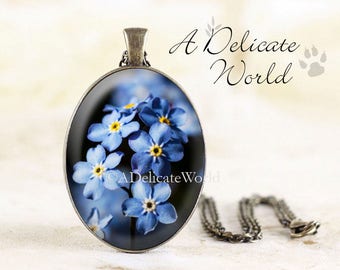 Forget Me Not Necklace - Blue Flower Jewelry, Bronze Forget-Me-Not Jewelry Pendant, Flower Memorial Necklace Pendant, Remembrance Jewelry