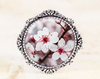 Cherry Blossom Jewelry Brooch, Silver Flower Pin with Nature Photo under Round Glass, Pink and White Floral Broach for Women in Shabby Style