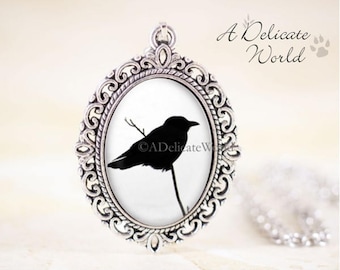 Crow Pendant, Gothic Raven Necklace, Black Bird Silhouette Jewelry, Black and White Accessory, Goth Gift Present