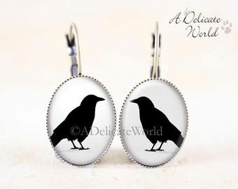 Crow Earrings - Bronze Bird Earrings, Black Bird Silhouette Earrings, Gothic Crow Jewelry, Leverback Earrings Dangle, Crow Bird Jewelry Gift