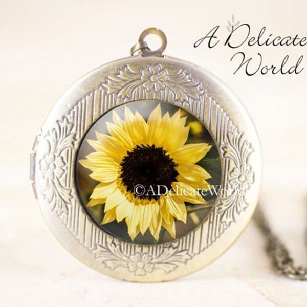Sunflower Locket Necklace in Silver or Bronze with Yellow Flower Photo under Glass