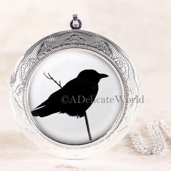 Crow Jewelry Locket - Silver Bird Jewelry, Gothic Crow Locket, Black Bird Silhouette Jewelry, Poe Raven Locket, Silver Bird Locket Necklace