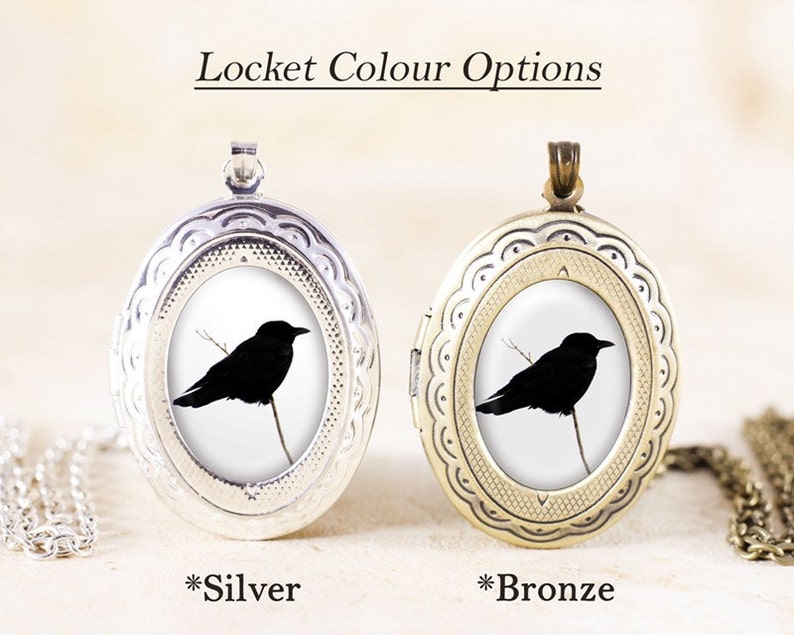 Crow Raven Locket Bird Silhouette Jewelry, Silver Locket Necklace, Gothic Crow Locket, Silver Bird Jewelry image 2