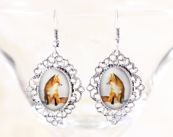 Sitting Fox Earrings - Fox Profile, Silver Jewelry, Dangle Earrings