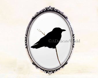 Gothic Crow Brooch, Black Bird Silhouette, Raven Jewelry Broach, Silver Pin, Minimalist, Birder Gift