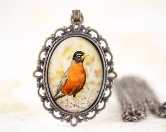 Spring Robin Necklace - Red Robin Bird Jewelry, Nature Photography Necklace, Bronze Bird Jewelry Pendant, American Robin Jewelry
