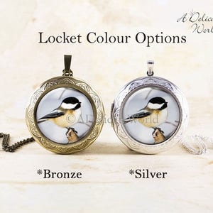 Chickadee Jewelry Locket, Keepsake Pendant, Songbird Gift for Birdwatcher, Winter Bird Necklace, Nature Photography image 2