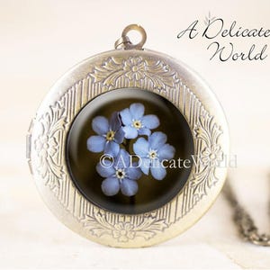 Forget Me Not Locket Pendant, Victorian Flower Jewelry, Nature Wedding Necklace, Grief and Mourning Gift for Bereavement or Widows image 1