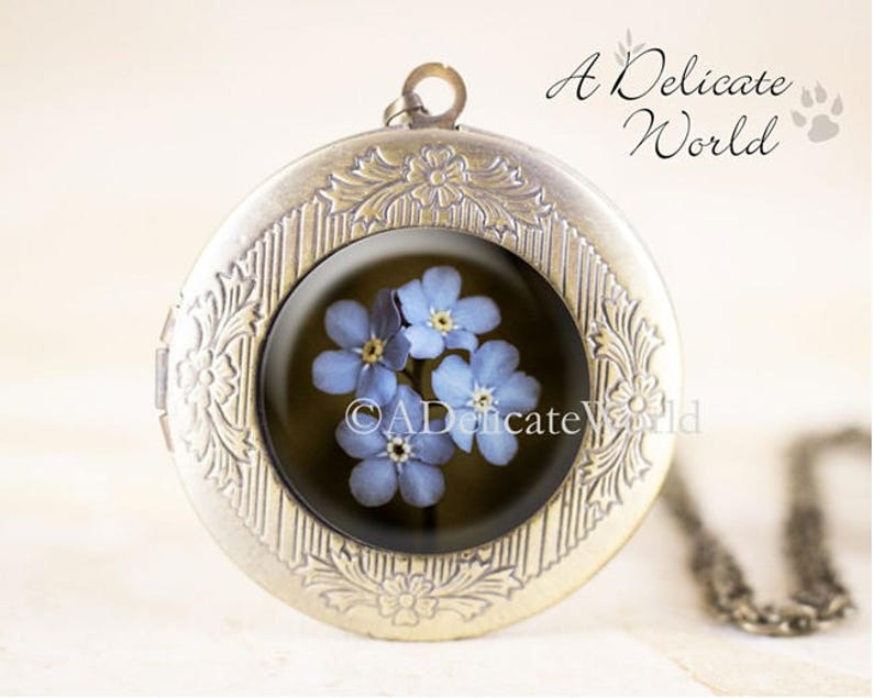 Forget Me Not Locket Pendant, Victorian Flower Jewelry, Nature Wedding Necklace, Grief and Mourning Gift for Bereavement or Widows image 1
