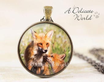 Mother and Baby Fox Jewelry Pendant, Woodland Animal Necklace with Wildlife Photo, Mother's Day Gift for Mom