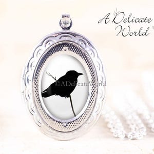 Crow Raven Locket Bird Silhouette Jewelry, Silver Locket Necklace, Gothic Crow Locket, Silver Bird Jewelry image 1