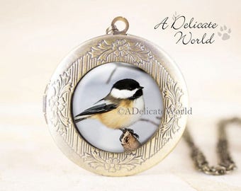 Chickadee Bird Locket, Nature Gift for Birders, Songbird Jewelry Gift, Chickadee Photo Locket, Nature Jewelry Pendant, Bronze Bird Pendant