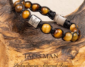 Men’s Tiger Eye Bracelet – Phoenix Silver & Diamond Charm, Handmade Macrame Jewelry