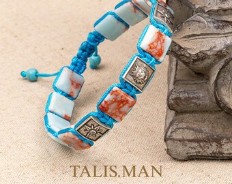 Men’s Blue Jasper Macrame Bracelet – Sterling Silver Lion & North Star, Adjustable